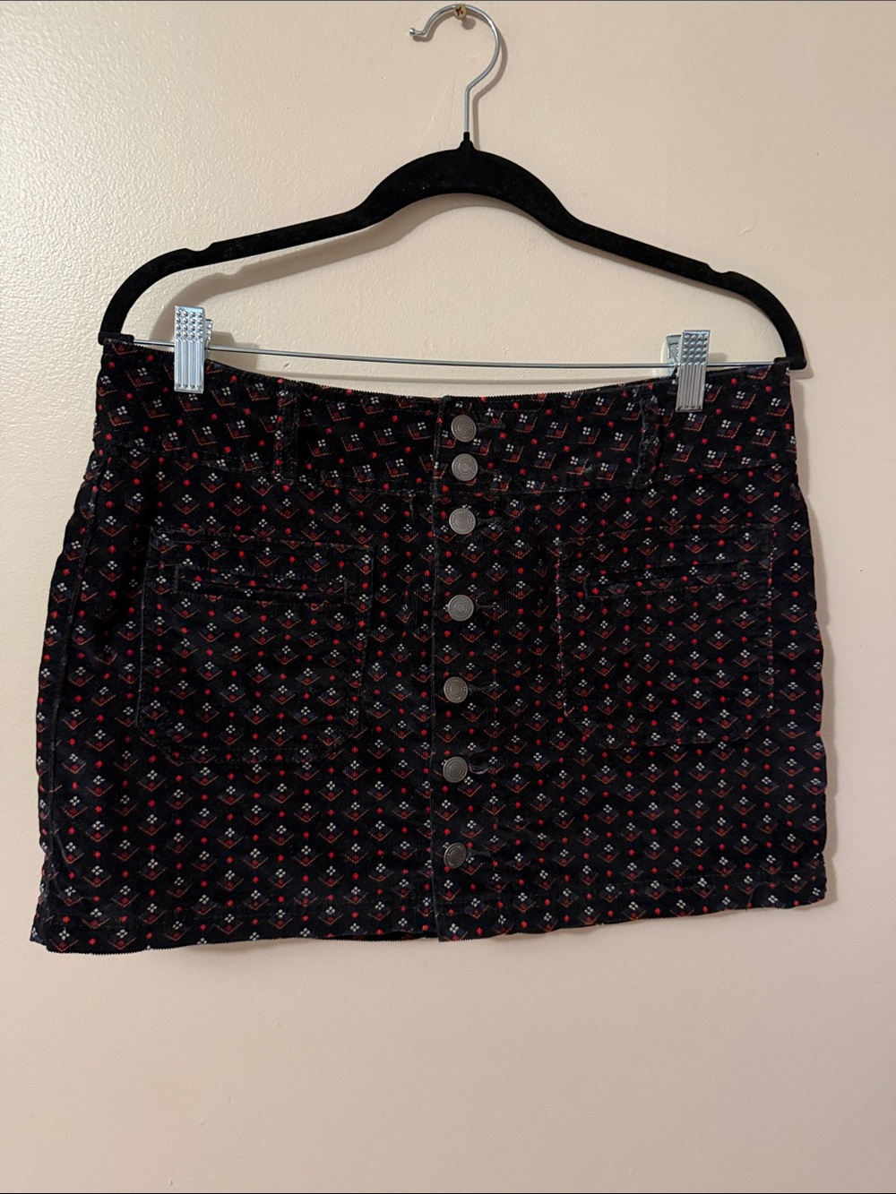 We The Free Joanie Printed Corduroy Black Skirt with Red Micro-Print